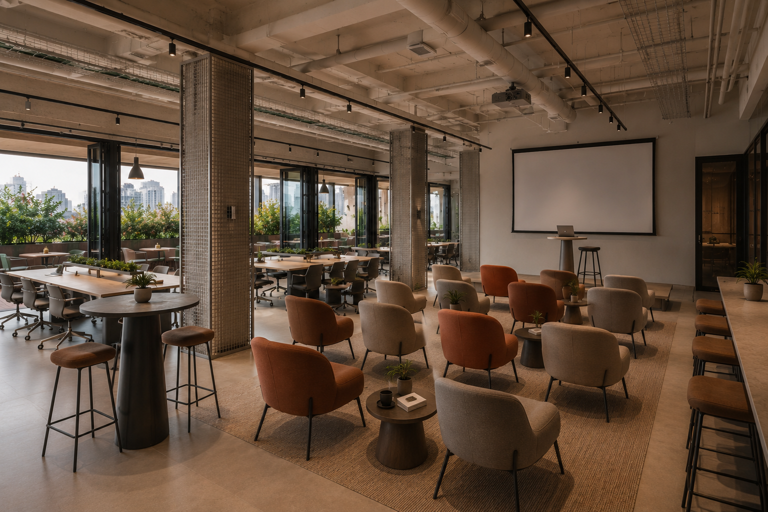 Social Work Café — Sala de eventos lounge con proyector
