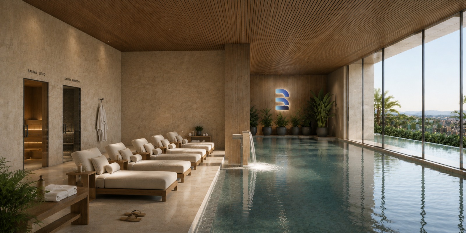 Wellness — Pileta de día, con logo del edificio